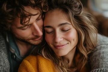 A cheerful woman leans on her boyfriend with her eyes closed as they embrace each other.