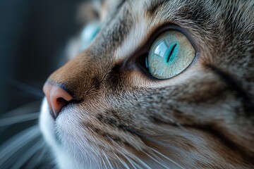 A detailed shot of a cats face featuring striking blue eyes.
