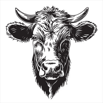 portrait of a cow, black and white illustration in sketch style, engraving. vintage drawing, farm animal