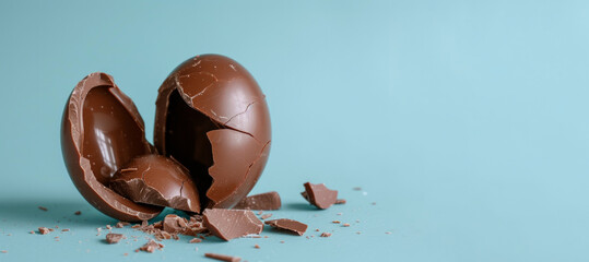 Broken chocolate egg. Small pieces of broken chocolate dessert. Easter chocolate egg on a blue...