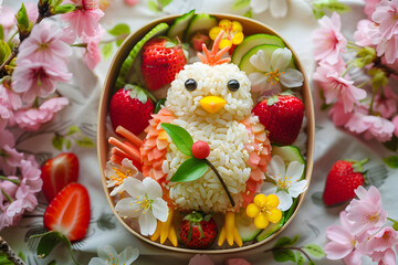 日本のお弁当。動物モチーフのかわいい鳥のデコ弁、キャラ弁はお花見やレジャーに作る