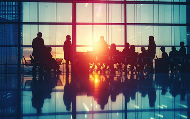 Silhouettes of business people in a conference room - obrazy, fototapety, plakaty