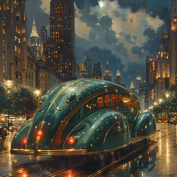 Retro-Futuristic Cityscape with Streamlined Art Deco Bus at Twilight © RobertGabriel