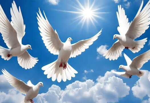 A flock of white doves flying in the sunlight