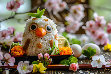 日本のお弁当。動物モチーフのかわいい鳥のデコ弁、キャラ弁はお花見やレジャーに作る