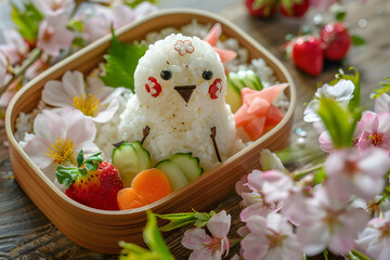 日本のお弁当。動物モチーフのかわいい犬のデコ弁、キャラ弁はお花見やレジャーに作る。