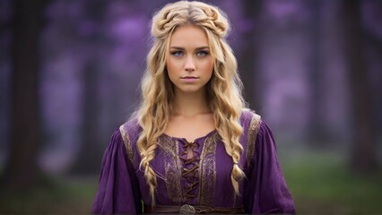 anglo saxon style purple tunic on a blonde girl photo - obrazy, fototapety, plakaty