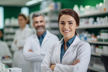 Portrait of a pharmacist in a pharmacy, standing between shelves of medications. Professionals working in drugstore or chemist's. 