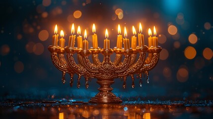 Golden Menorah with Lit Candles A Festive Hanukkah Decoration Generative AI