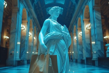 A Statue of a Woman Holding a Shopping Bag in a Modern Setting Generative AI - obrazy, fototapety, plakaty