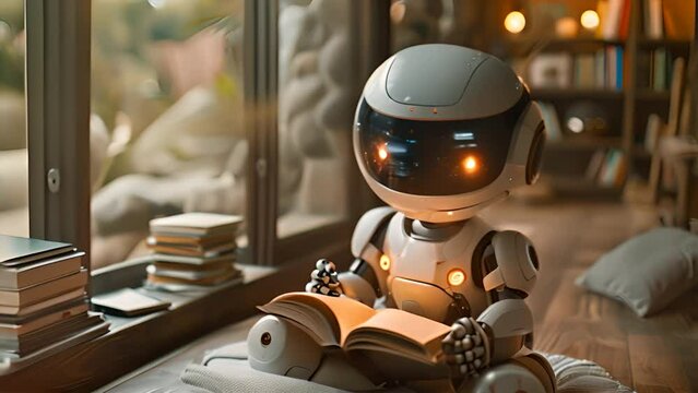 humanoid robot engrossed in reading a book in a cozy interior setting. Learning concept
