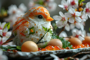 日本のお弁当。動物モチーフのかわいい鳥のデコ弁、キャラ弁はお花見やレジャーに作る