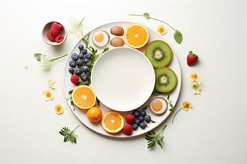 white plate with healthy food, fruits and berries on a white background, top view, free space.