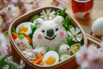 日本のお弁当。動物モチーフのかわいいくまのデコ弁、キャラ弁はお花見やレジャーに作る。