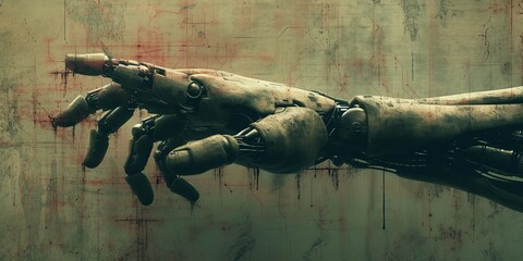 In a dark horror setting, a robotic hand blends with vintage art, evoking fear and danger. - obrazy, fototapety, plakaty