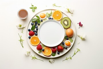 white plate with healthy food, fruits and berries on a white background, top view, free space.