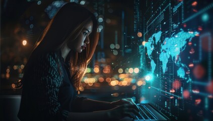 Woman sits engrossed before network of screens eyes reflecting intricate web of technology amidst dark room focus is unyielding navigates vast expanse of cyberspace