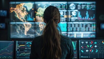 Woman sits engrossed before network of screens eyes reflecting intricate web of technology amidst dark room focus is unyielding navigates vast expanse of cyberspace