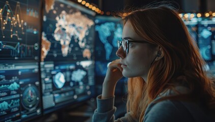 Woman sits engrossed before network of screens eyes reflecting intricate web of technology amidst dark room focus is unyielding navigates vast expanse of cyberspace