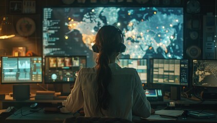 Woman sits engrossed before network of screens eyes reflecting intricate web of technology amidst dark room focus is unyielding navigates vast expanse of cyberspace