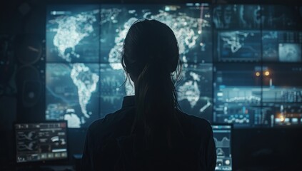 Woman sits engrossed before network of screens eyes reflecting intricate web of technology amidst dark room focus is unyielding navigates vast expanse of cyberspace