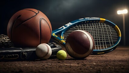 various sports equipment, including balls, rackets, and gloves, generative AI