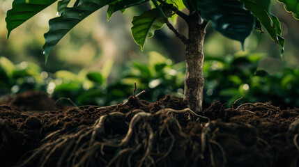 The intricate network of roots and soil visible in a closeup of a thriving coffee tree symbolizing the strong foundation of sustainable practices.