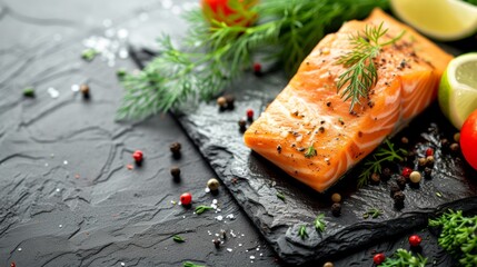 Delicious salmon with healthy food presented on a sleek black tabletop, copy space for text.