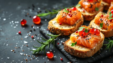 Delicious salmon with healthy food presented on a sleek black tabletop, copy space for text.