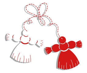 Martenitsa traditional symbol of spring. Bulgarian and Macedonian March talisman. Red and white martisor hanging on strings. Flat vector illustration isolated on transparent background