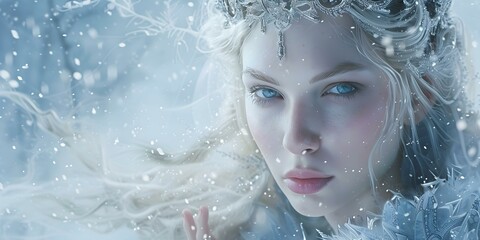 Dreamlike portrait of an enchanting icy snow queen donning a crown amidst soft white snow. Concept Icy Snow Queen, Enchanting Portrait, Crowned Beauty, Soft White Snow, Dreamlike Ambiance