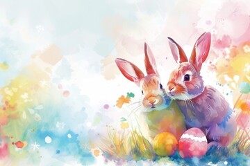 Fototapeta premium Happy Easter Eggs Basket Cherry Red. Bunny in flower easter grass decoration Garden. Cute hare 3d easter honeysuckle easter rabbit spring illustration. Holy week comfort toy card wallpaper Faberge egg
