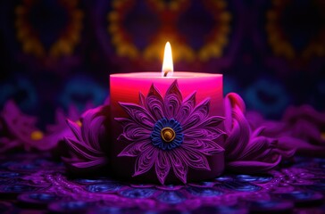 Obraz na płótnie Canvas Magical Diya lamp with lights on night background, Indian festival Diwali, Oil lamps lit on colorful rangoli. Hindu traditional.