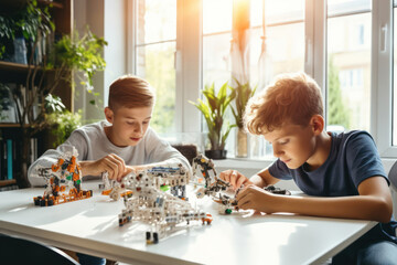 Children boyscreating robots at school, stem education and early development concept. Robotics class, tech proect,programming