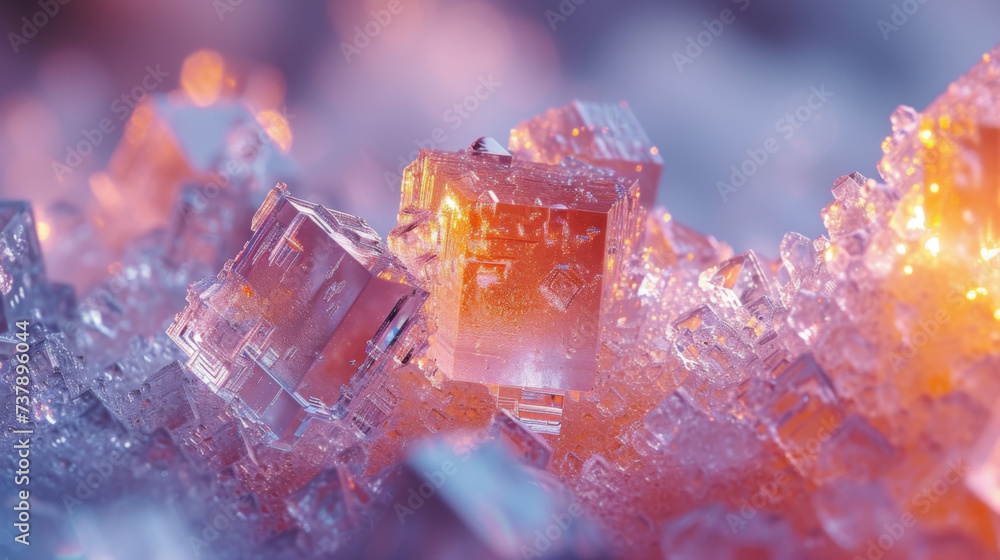 Poster texture of sugar crystals under a microscope exhibiting a symmetrical and geometric pattern as they 