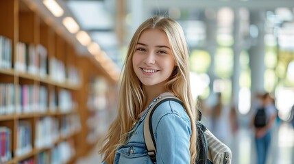 Smiling cute pretty blond girl, positive female teenage high school student holding backpack looking at camera standing in modern university. copy space for text.