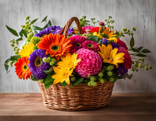 Colourful flower arrangement in a wicker basket. Beautiful floral digital illustration. CG Artwork Background