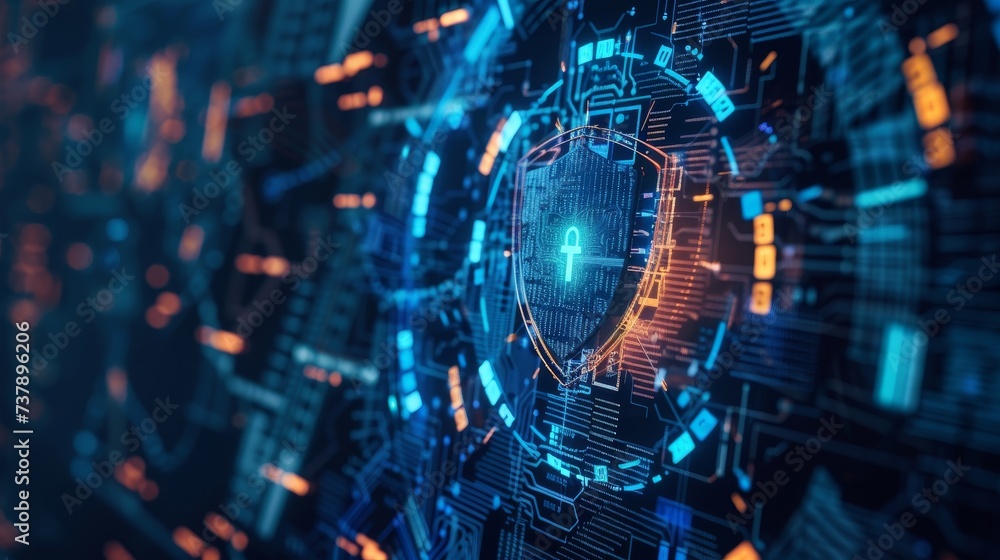 Poster The protection of privacy data in the internet. Icon of shield protections made up of digit codes. Cloud storage storage of personal information. Cybersecurity tech concept.