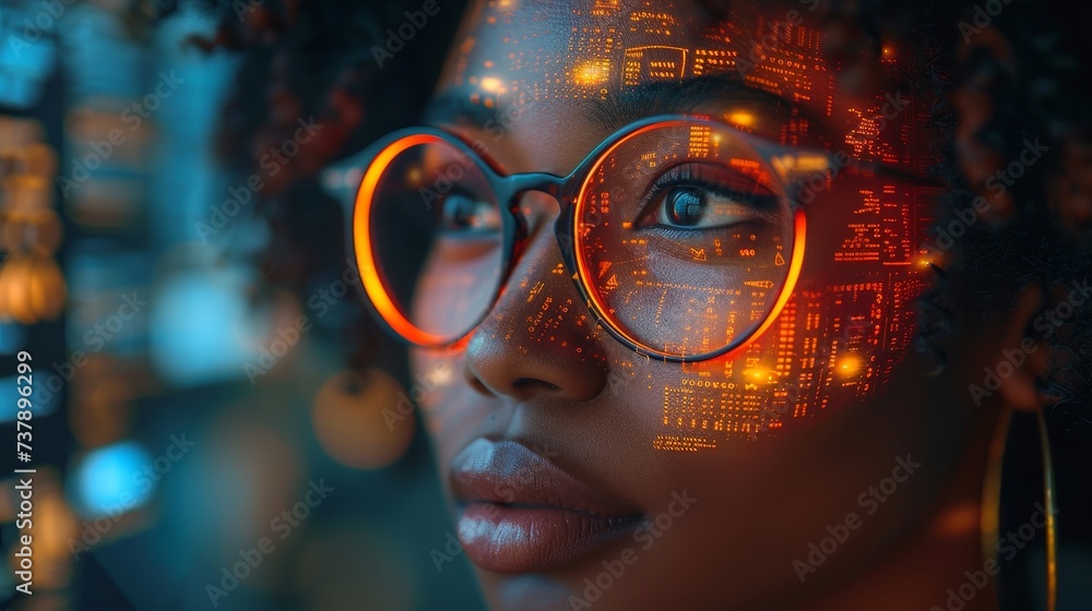 Poster on phone at night, black woman with technology overlay and global business. iot future 3d hologram f
