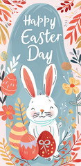 Easter bunny with colorful eggs. Happy Easter. Greeting card