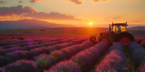 tractor on the bottom left in a lavender field at sunset