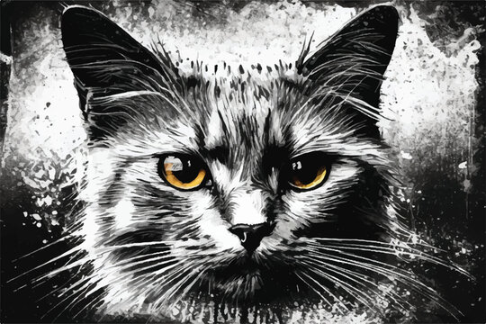 Cute cat illustration. Cute cat face. Cat illustration background. Cat in black and white grunge background.