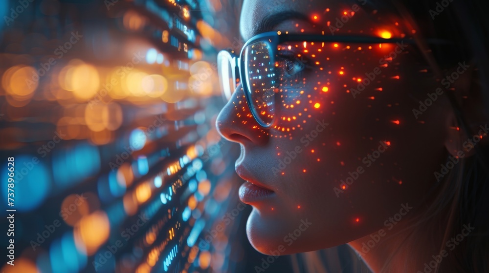 Aufkleber Programmer in glasses on 3D screen thinking about data analytics, digitization, and a night overlay. Developer on tablet with coding hologram.