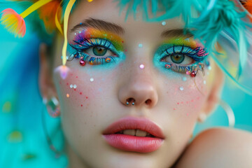 Close-up portrait of a beautiful girl model. Bright makeup, rhinestones on the eyes, multi-colored makeup, colored hair. The face of a young girl. For beauty salons and makeup artists.