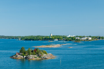 Panoramic view from Helsinki to the sea and Suomenlinna Fortress.