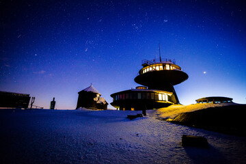 Meteorological Observatory on Śnieżka at night, Poland.