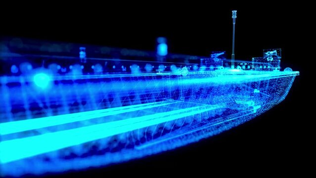 Digital Video Footage particles formed form 3d model Ferry boat. Polygonal High tech Concept of car transportation, port and travel