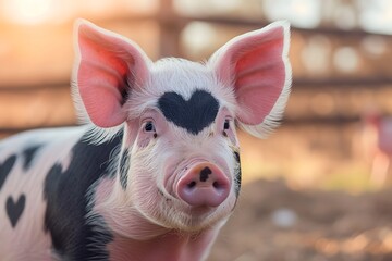 farm piglet heart on forehead adorable cute pink piggy pig - obrazy, fototapety, plakaty