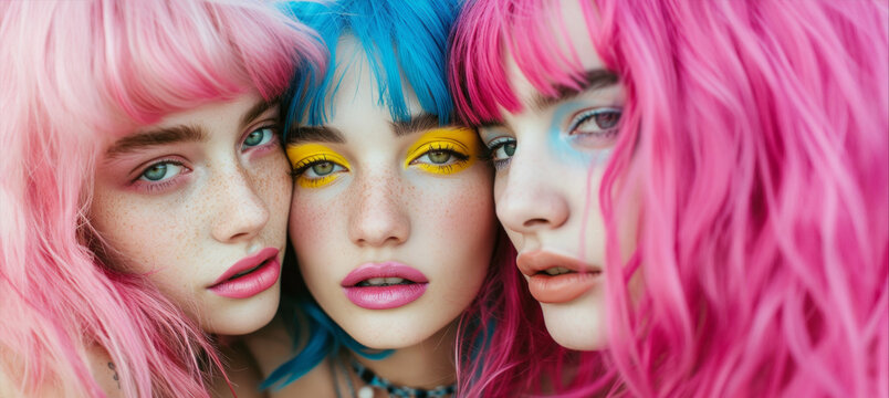 Portrait of three beautiful girls with pink hair on a blue background. Bright and fashionable teenager girls. Hipster with pink dyed hair with bright makeup. Stylish modern fashionable trendy girls. 