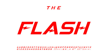 Flash energetic alphabet, energetic powerful italic letters, dynamic font for electro automotive logo, superhero comic book headline, striking racing typeface. Vector typeset - obrazy, fototapety, plakaty